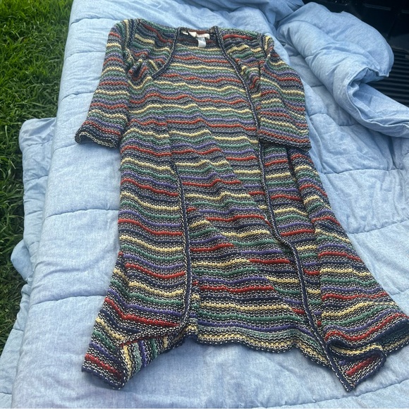Vtg Missoni Herzfeld Multicolored Striped Long Knit Open Front Cardigan Size 42 - Picture 1 of 10